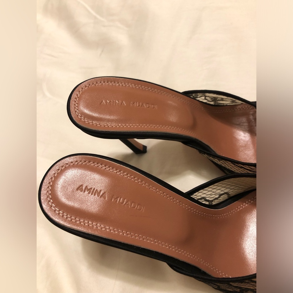 Amina Muaddi "Alexa" Black Lace Mules Pumps Size 38 - Picture 5 of 7